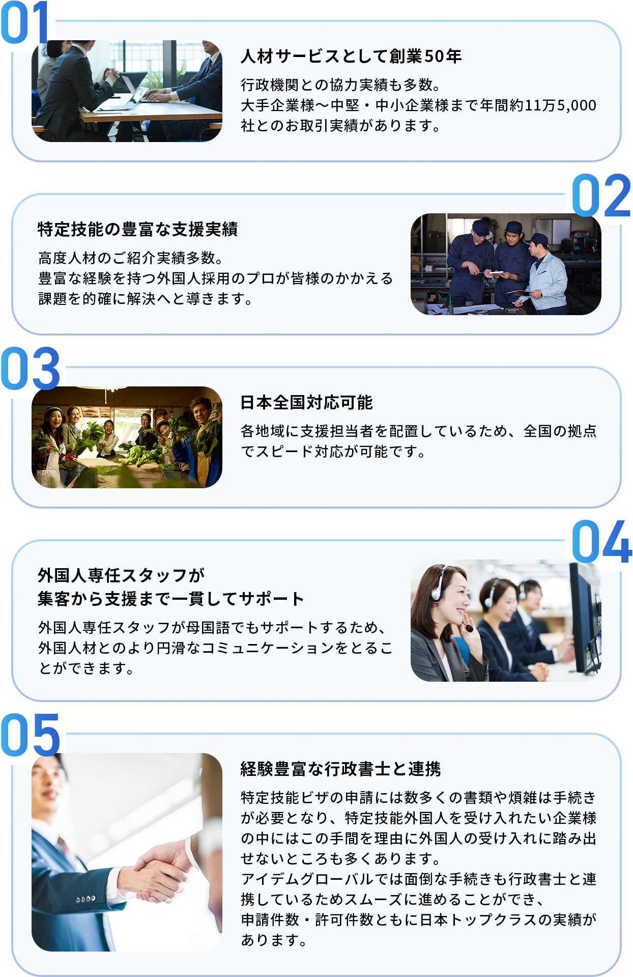 ①人材サービスとして創業50年②特定技能の豊富な支援実績③日本全国対応可能④外国人専任スタッフが集客から支援まで一貫してサポート⑤経験豊富な行政書士と連携