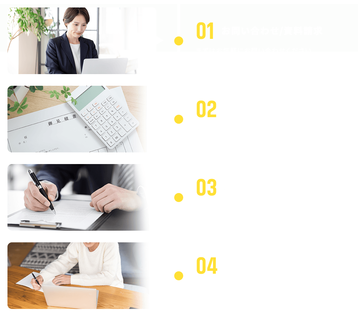 01お問い合わせ 02ご提案・お見積もり 03お申し込み 04学習開始
