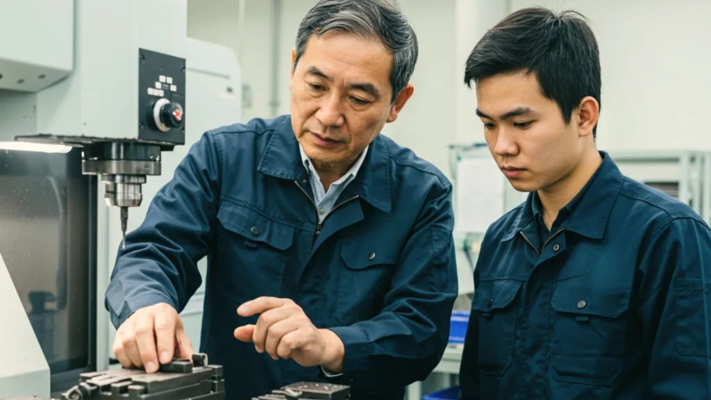 日本の製造工場で、日本人技術者が特定技能のベトナム人に機械操作を指導している様子
