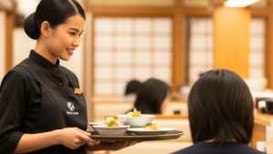 外食店で働く特定技能の外国人スタッフの接客シーン